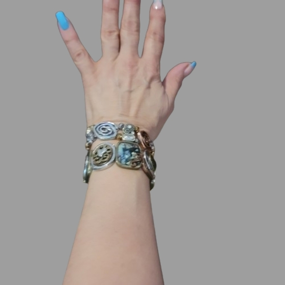 Vintage bracelets 2 copper tone metal abalone stretchy art noveau - Picture 7 of 14